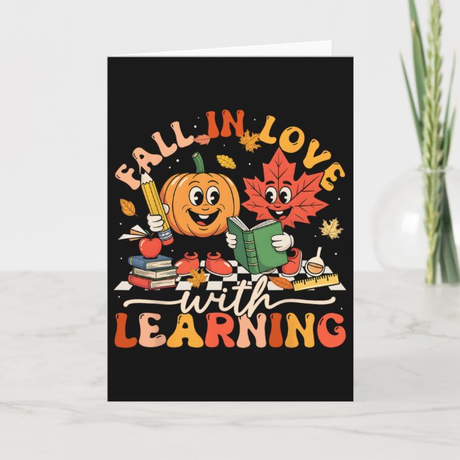 Retro Fall In Love With Learning Autumn Pumpkin Te Card (Front)