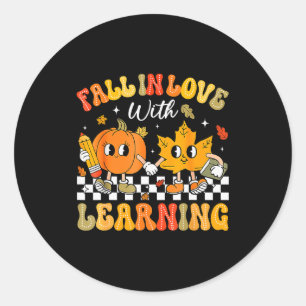 Retro Fall In Love With Learning Autumn Pumpkin Te Classic Round Sticker