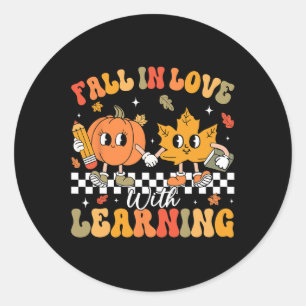 Retro Fall In Love With Learning Autumn Pumpkin Te Classic Round Sticker