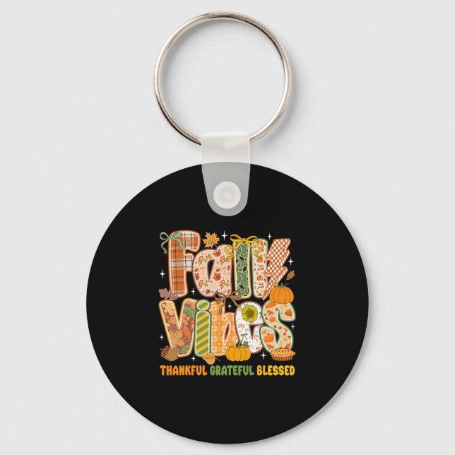 Retro Fall Vibes Thankful Grateful Blessed Autumn  Keychain (Front)