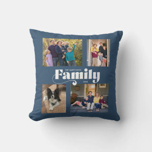 Retro Family 4 Photo Collage Blue Throw Pillow