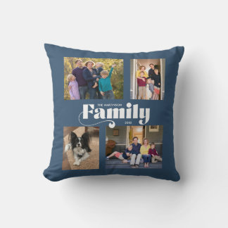 Retro Family 4 Photo Collage Blue Throw Pillow