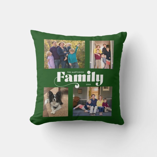 Retro Family 4 Photo Collage Dark Green Throw Pillow (Front)