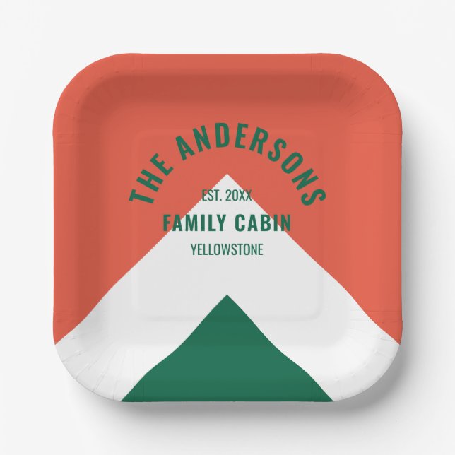 Retro Family Cabin Personalized Name Red Green Paper Plate (Front)