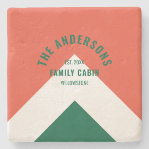 Retro Family Cabin Personalized Name Red Green  Stone Coaster