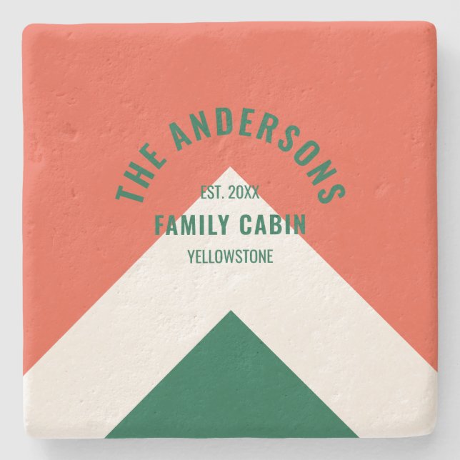 Retro Family Cabin Personalized Name Red Green  Stone Coaster (Front)