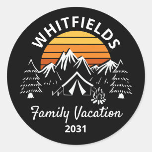 Retro Family Camping Vacation Custom Name Classic Round Sticker