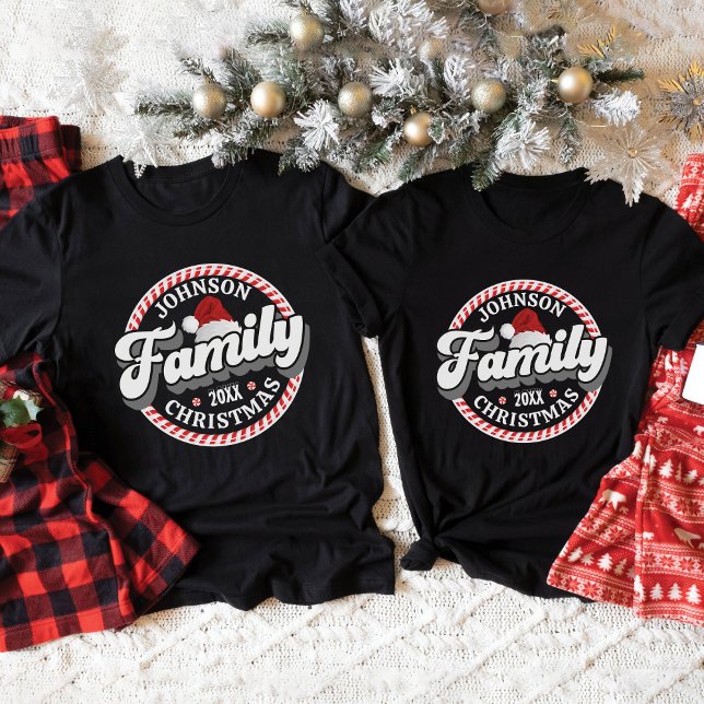 Retro Family Christmas Name Candy Cane Matching T-Shirt (Cute candy cane santa hat personalized family name family Christmas festive matching group t-shirts
)