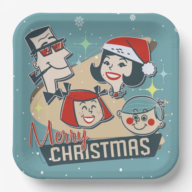 Retro Family Merry Christmas Happy New Year Paper Plate (Front)