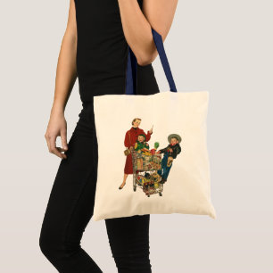 Retro Family, Mom and Kids, Cart Grocery Shopping Tote Bag