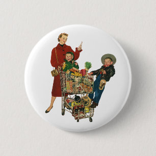 Retro Family, Mom and Kids Grocery Shopping Cart 2 Inch Round Button