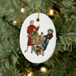 Retro Family, Mom and Kids Grocery Shopping Cart Ceramic Ornament