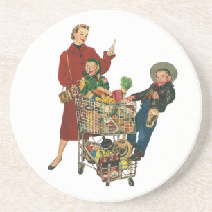 Retro Family, Mom and Kids Grocery Shopping Cart Coaster