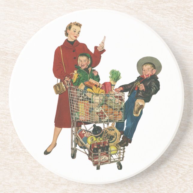 Retro Family, Mom and Kids Grocery Shopping Cart Coaster (Front)
