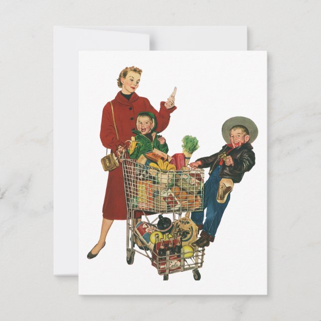 Retro Family, Mom and Kids Grocery Shopping Cart Invitation (Front)