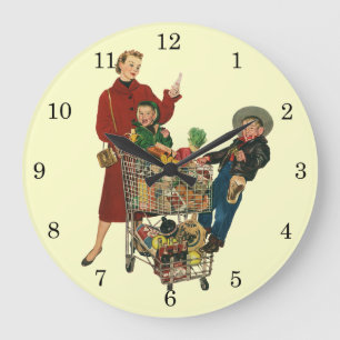 Retro Family, Mom and Kids Grocery Shopping Cart Large Clock