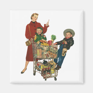 Retro Family, Mom and Kids Grocery Shopping Cart Magnet