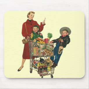 Retro Family, Mom and Kids Grocery Shopping Cart Mouse Pad