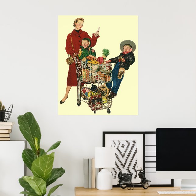 Retro Family, Mom and Kids Grocery Shopping Cart Poster (Home Office)