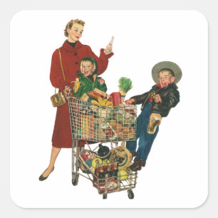 Retro Family, Mom and Kids Grocery Shopping Cart Square Sticker