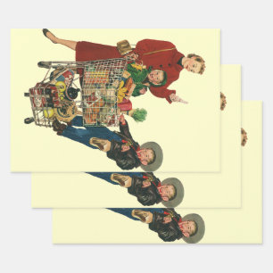 Retro Family, Mom and Kids Grocery Shopping Cart Wrapping Paper Sheet