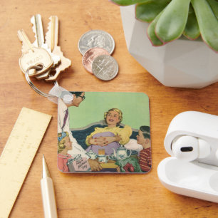 Retro Family Serves Mom Breakfast in Bed Keychain