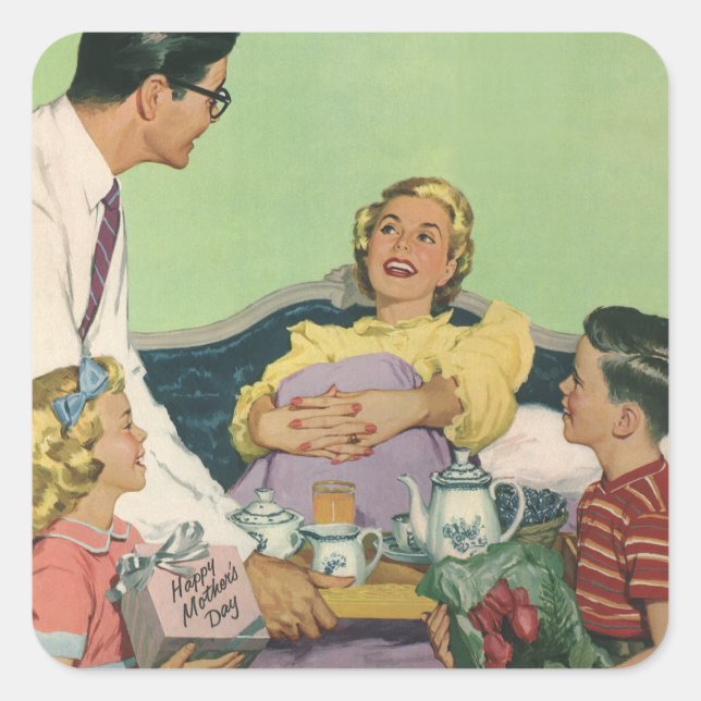 Retro Family Serves Mom Breakfast in Bed Square Sticker (Front)