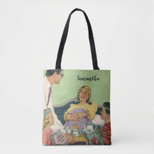 Retro Family Serves Mom Breakfast in Bed Tote Bag
