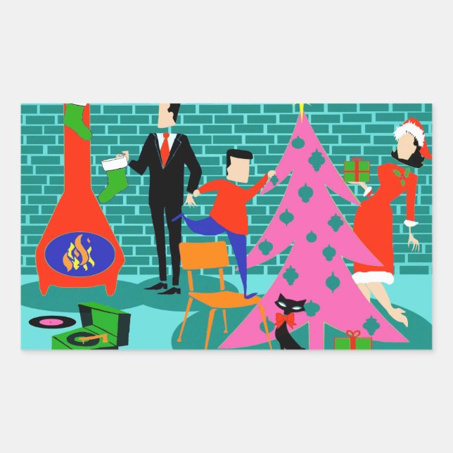 Retro Family Trimming the Christmas Tree Stickers (Front)