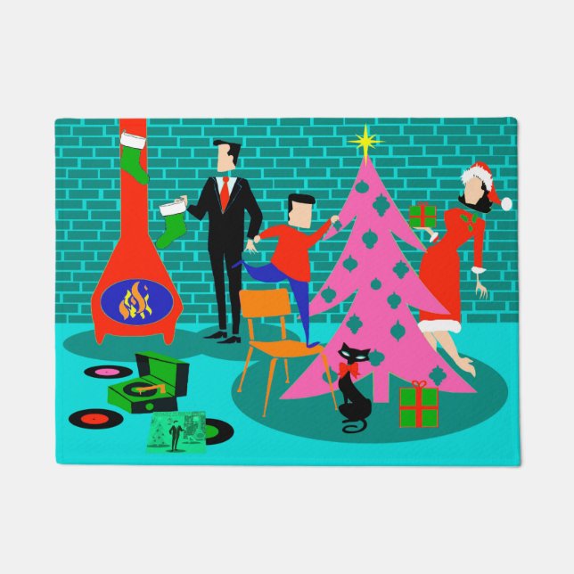 Retro Family Trimming the X-mas Tree Door Mat (Front)