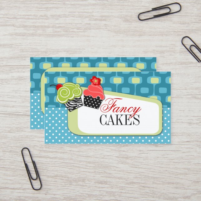 Retro Fancy Cupcake Bakery Business Cards (Front/Back In Situ)