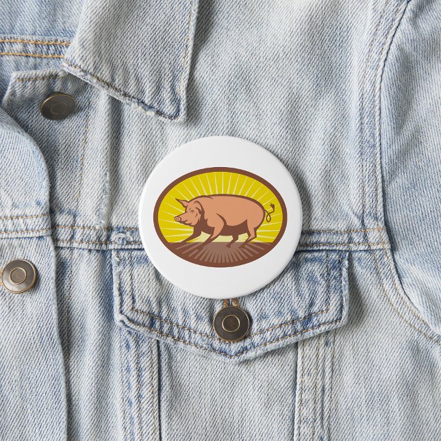 Retro Farm Pig with Sunburst  3 Inch Round Button (Creator Uploaded)