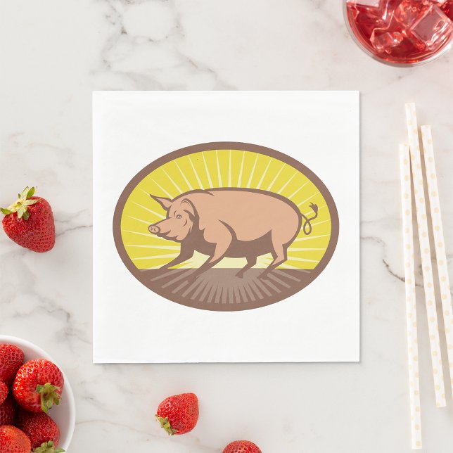 Retro Farm Pig with Sunburst  Napkin (Creator Uploaded)