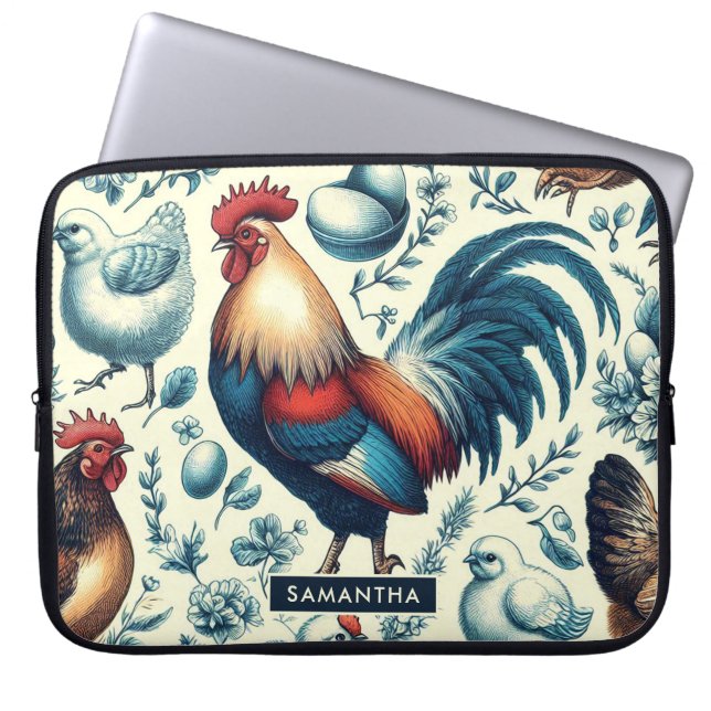 Retro Farm Rooster Pattern Laptop Sleeve (Front)