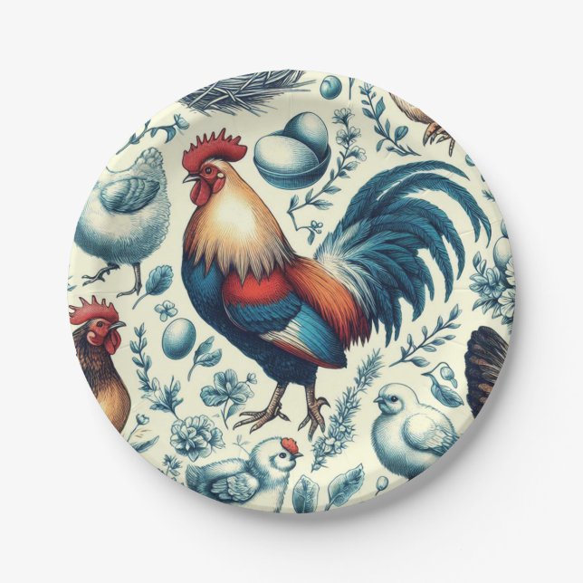 Retro Farm Rooster Pattern Paper Plate (Front)