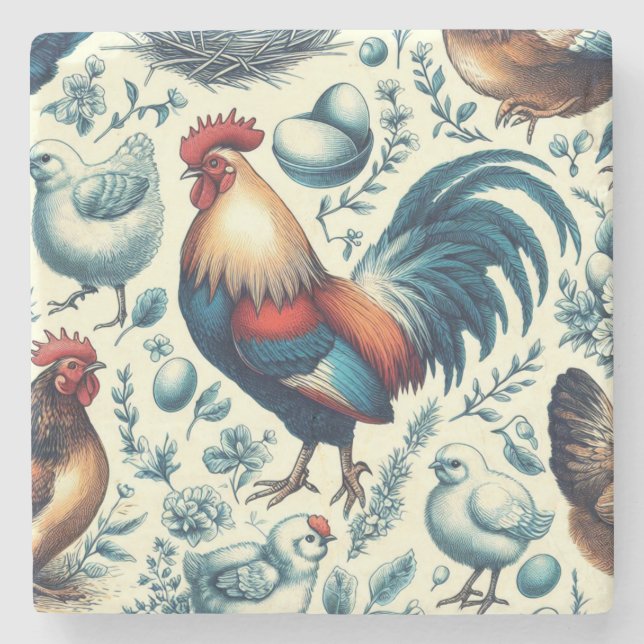 Retro Farm Rooster Pattern Stone Coaster (Front)