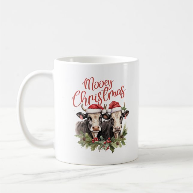 Retro farmhouse Christmas two cows mooey cozy Coffee Mug (Left)