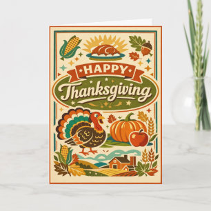 Retro Farmhouse Happy Thanksgiving Turkey Harvest Card