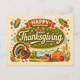Retro Farmhouse Happy Thanksgiving Turkey Harvest Holiday Postcard