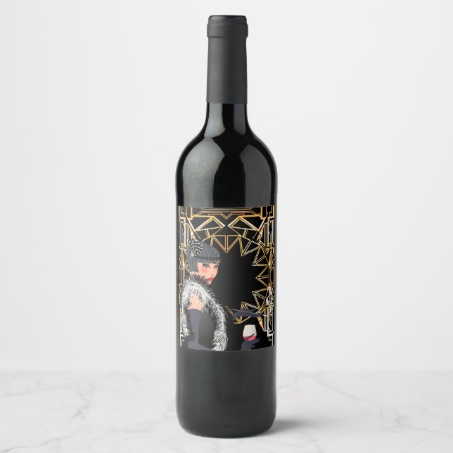 Retro fashion woman with glass of wine  wine label (Front)