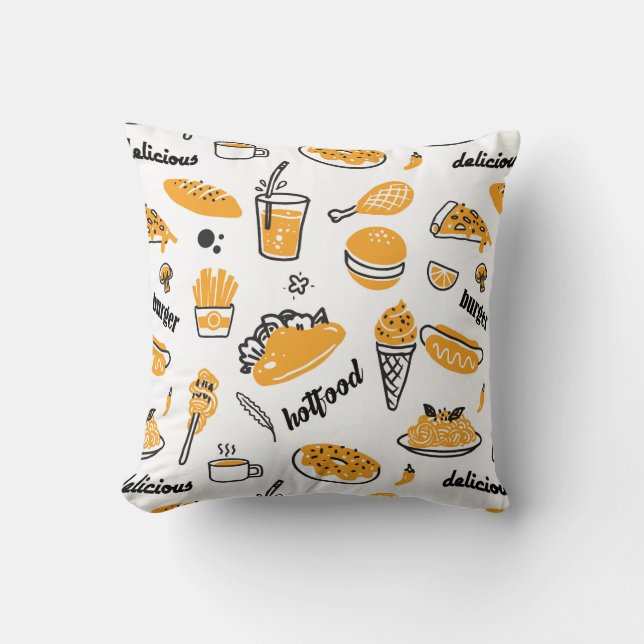 Retro Fast Food Hand Drawn Sketch Pattern Throw Pillow (Front)