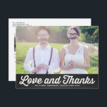 Retro Faux Chalkboard Photo Wedding Thank You Postcard<br><div class="desc">Give your thank-you cards a fun, nostalgic touch with this custom horizontal photo wedding thank you card. Designed with bold retro-inspired "love and thanks" typography over your favourite wedding photo, this card combines vintage charm with modern personalization. Add your photo, names, and a custom message to create a stylish and...</div>