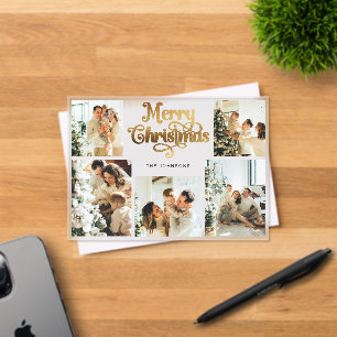 Retro Faux Gold Family Photo Christmas Card Acrylic Invitations