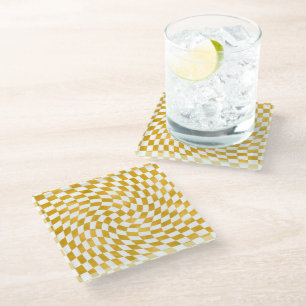 Retro Faux Gold Foil Checks Warped Chequerboard   Glass Coaster