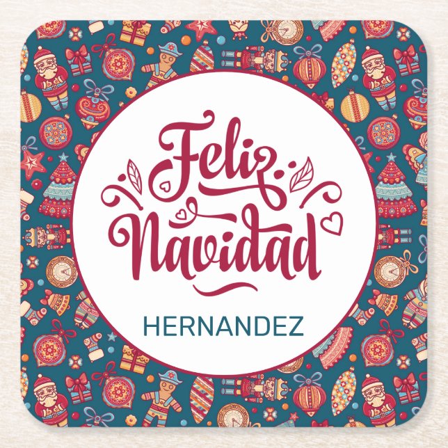 Retro Feliz Navidad Personalized Square Paper Coaster (Front)