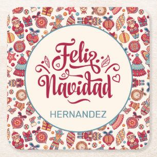 Retro Feliz Navidad Personalized Square Paper Coaster
