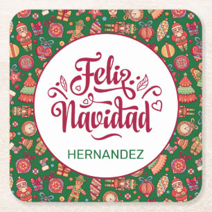 Retro Feliz Navidad Personalized Square Paper Coaster
