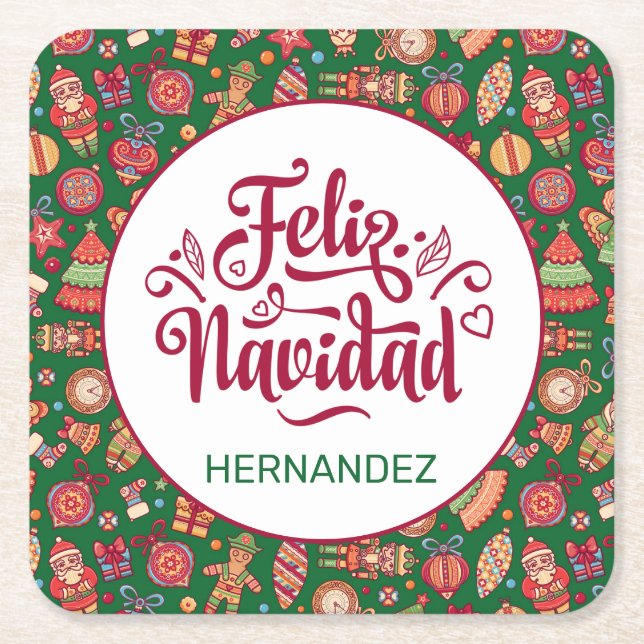 Retro Feliz Navidad Personalized Square Paper Coaster (Front)