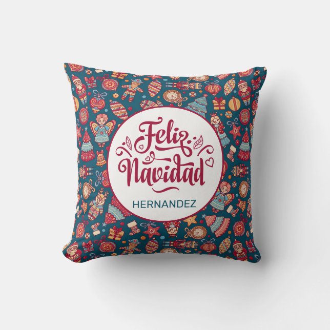 Retro Feliz Navidad Personalized Throw Pillow (Front)