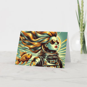 Retro female astronaut and fish All Occasion Card